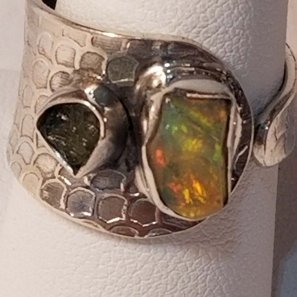 Moldavite and Ethiopian Opal Flexible Ring